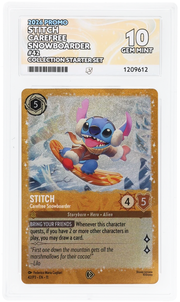 Pokemon ACE GEM Mint Perfect 10 2026 Disney Lorcana Stitch Carefree Snowboarder Promo