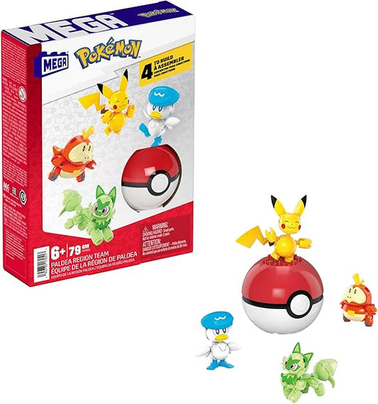 MEGA Pokémon Action Figure Building Toys for Kids, Paldea Region Team with 79 Pieces, Pikachu Fuecoco Sprigatito and Quaxly, and 1 Poké Ball, HPX92